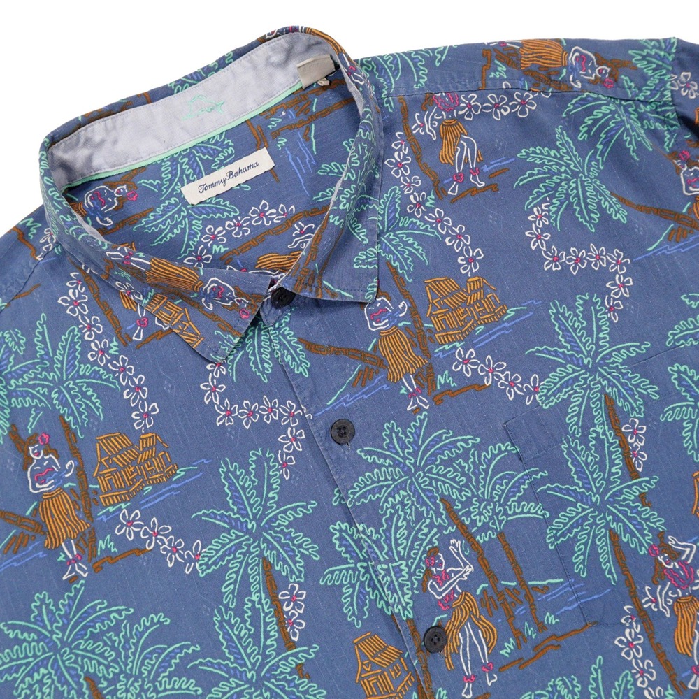 TOMMY BAHAMA Men's 3XL Blue Palm Tree Hula Print 100% Silk Button Up Camp Shirt